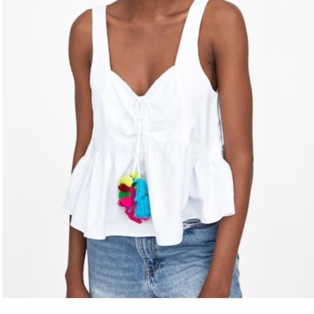 White Zara pom-pom tank top
